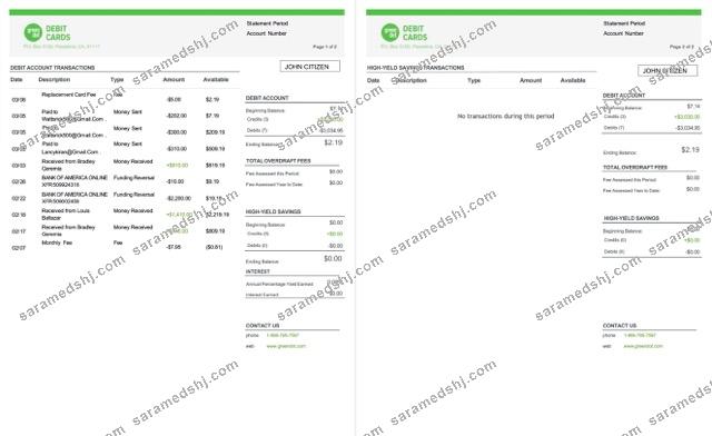USA Green Dot account statement Word and PDF template, 2 pages